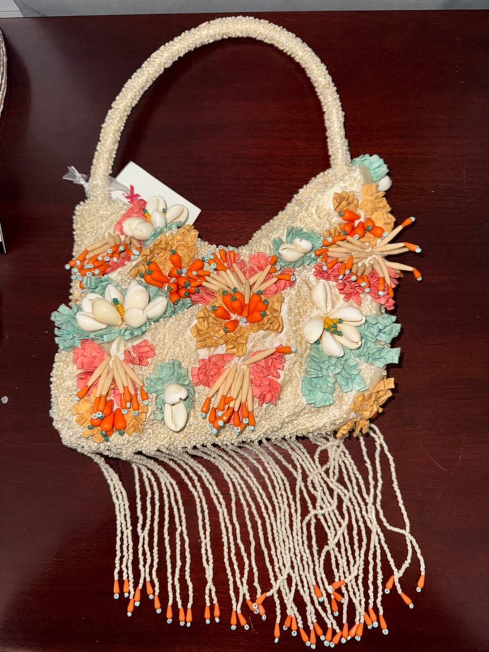 Beaded Cream Shoulder Bag with Coral & Mint Floral Accents